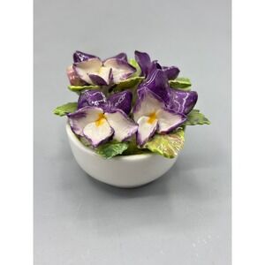 Vtg Coalport Bone China Miniature Flower Pot Purple Pansies Figurine  England
